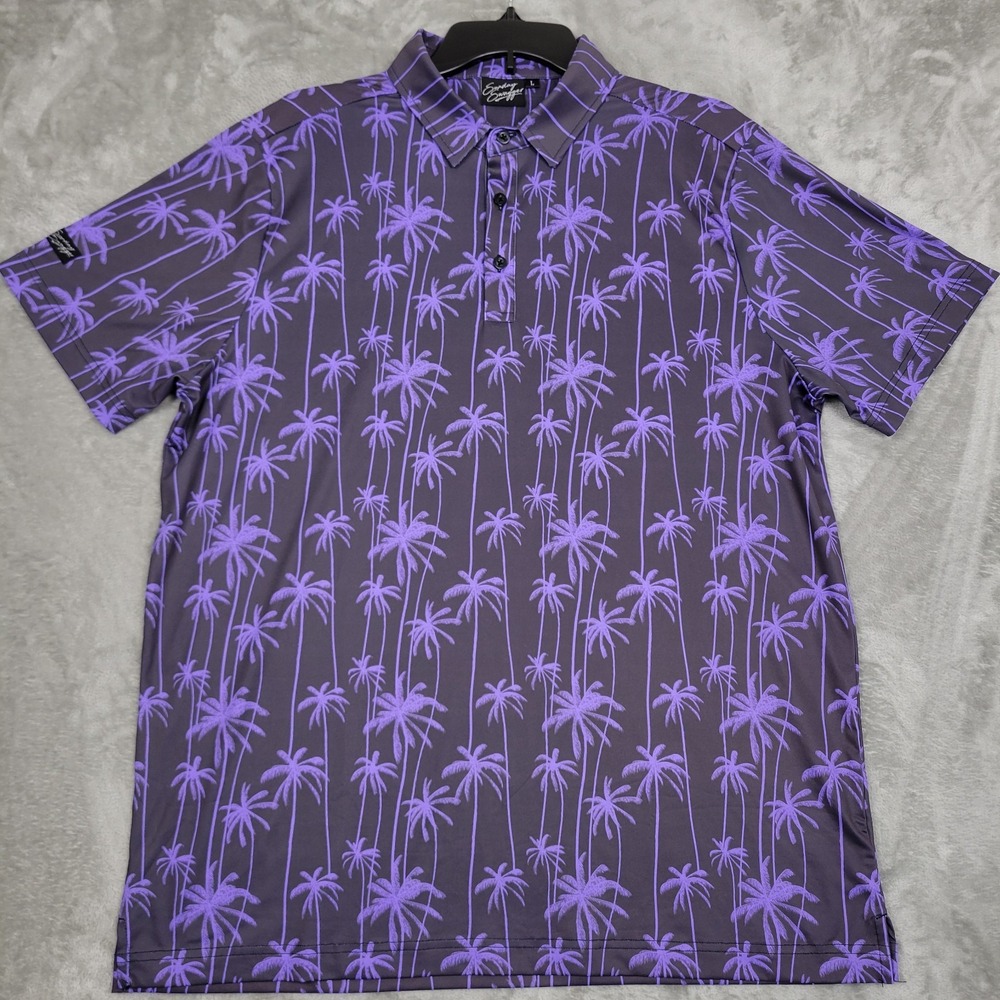 Sunday Swagger Men's L Purple Black Palm Tree Tropical Short Sleeve Polo Shirt